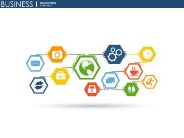 iş mekanizması kavramı. arka plan bağlı ve simgeler için strateji, hizmet, analytics, araştırma, seo, dijital pazarlama, iletişim kavramları. vektör Infographic illüstrasyon