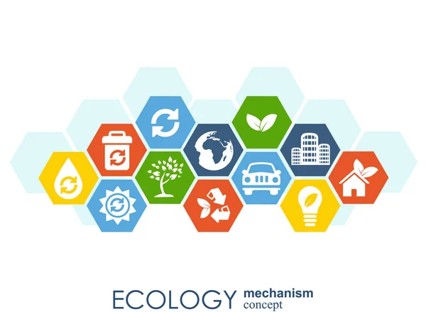 Ökologie-Mechanismus-Konzept. abstrakter Hintergrund mit vernetzten Zahnrädern und Symbolen für umweltfreundliche, energie-, umwelt-, umwelt-, umwelt-, recycling-, bio-und globale Konzepte. Vektorinfografische Illustration. — Stockvektor