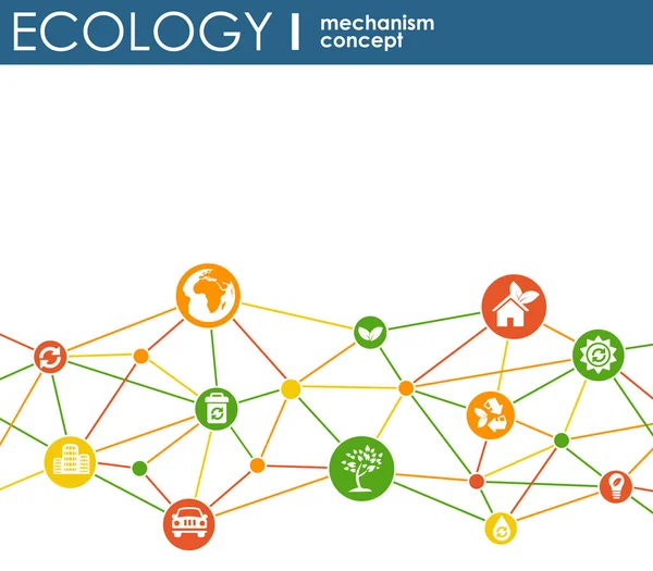 Ekologi mekanism koncept. abstrakt bakgrund med anslutna växlar och ikoner för miljövänlig, energi, miljö, grön, återvinna, bio och globala begrepp. vektor infographic illustration. — Stock vektor