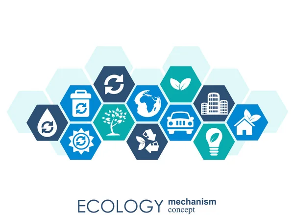 Ökológia mechanizmus fogalmát. kapcsolódó fogaskerekek és ikonok, a környezetbarát, energia, környezet, zöld, recycle, bio és globális fogalmak absztrakt háttér. vektor infographic illusztráció. — Stock Vector
