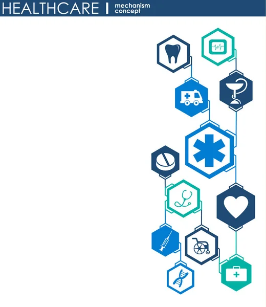 Concepto de mecanismo de salud. Antecedentes abstractos con engranajes e iconos conectados para medicina, salud, estrategia, cuidado, medicina, red, redes sociales y conceptos globales. Infografía vectorial . — Archivo Imágenes Vectoriales