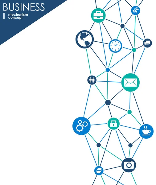 Conceito de mecanismo de negócios. Antecedentes abstratos com engrenagens conectadas e ícones para estratégia, serviço, análise, pesquisa, seo, marketing digital, conceitos de comunicação. Ilustração infográfica vetorial — Vetor de Stock