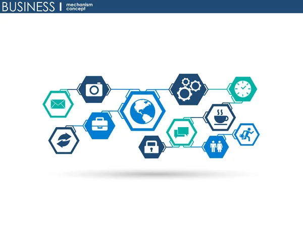 Concetto di meccanismo aziendale. Sfondo astratto con ingranaggi connessi e icone per strategia, servizio, analisi, ricerca, seo, digital marketing, comunicare concetti. Illustrazione infografica vettoriale — Vettoriale Stock