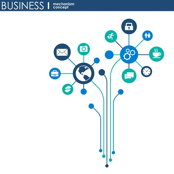 Iş mekanizması kavramı. arka plan bağlı ve simgeler için strateji, hizmet, analytics, araştırma, seo, dijital pazarlama, iletişim kavramları. vektör Infographic illüstrasyon — Stok Vektör