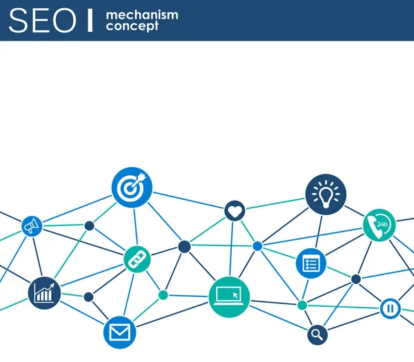 Seo-Mechanismus-Konzept. abstrakter Hintergrund mit integrierten Zahnrädern und Symbolen für Strategie, Digital, Internet, Netzwerk, Connect, Analytics, Social Media und globale Konzepte. — Stockvektor