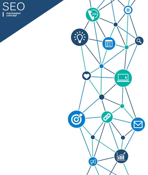 Seo-Mechanismus-Konzept. abstrakter Hintergrund mit integrierten Zahnrädern und Symbolen für Strategie, Digital, Internet, Netzwerk, Connect, Analytics, Social Media und globale Konzepte. — Stockvektor