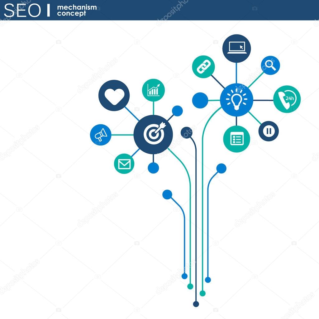 SEO mechanism concept. Abstract background with integrated gears and icons for strategy, digital, internet, network, connect, analytics, social media and global concepts.