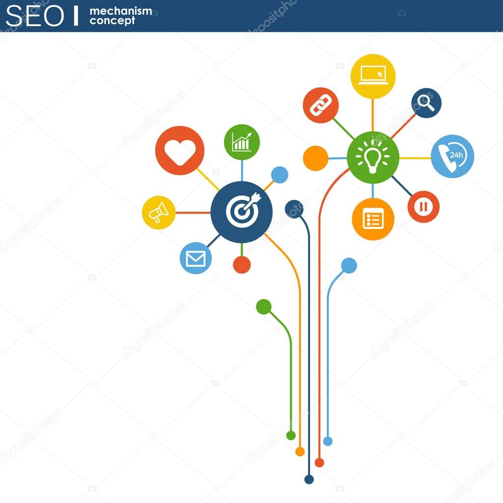 SEO mechanism concept. Abstract background with integrated gears and icons for strategy, digital, internet, network, connect, analytics, social media and global concepts.