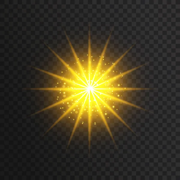 Efecto de luz brillante transparente. Estrella reventó con destellos. Brillo de oro . — Vector de stock