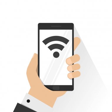 Bir akıllı telefon holding eller. İletişim, bağlantı kavramı. Vektör çizim.