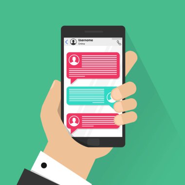 İzole vektör renk arka plan üzerinde cep telefonu sohbet iletisi bildirimlerini smartphone ile el ve kabarcık konuşmalar, çevrimiçi konuşma, kavram sohbet konuşun, konuşma, iletişim.