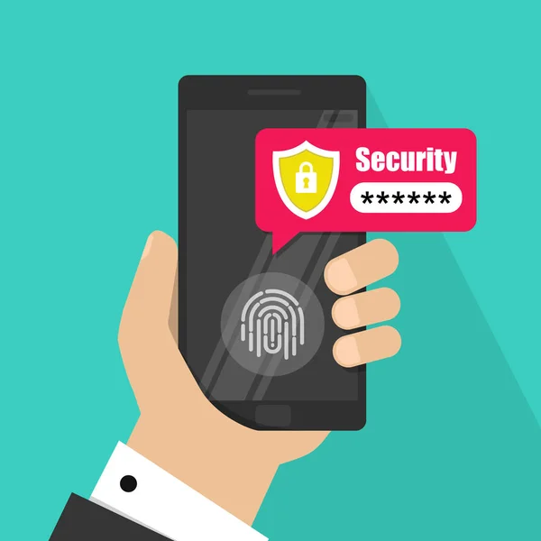 智能手机用的矢量，手机安全，手机、 访问权限、 用户身份验证、 登录，密码保护技术指纹按钮和密码通知解锁的双手. — 图库矢量图片