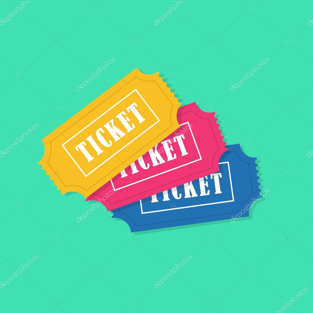 Ticket icon vector illustration in the flat style. Ticket stub isolated on a background. Cinema, Football, Basketball, Train, Airplane or movie tickets