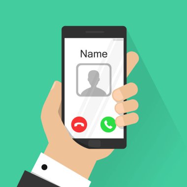 Düz tasarım stili insan eli smartphone gelen arama smartphone ekranında, tasarım öğesi holding.