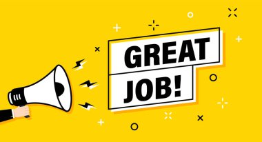 Harika bir konuşma baloncuğu olan erkek el megafonu. Hoparlör. İş, pazarlama ve reklam afişi. Vektör illüstrasyonu.