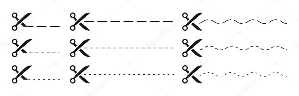 Set of Scissors and coupon, cut template and dashed line. Black icons. Gift Coupon element template, graphics design. Voucher promo code. Shopping, food and drink, business. Vector illustration.