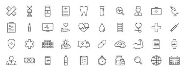 40 tane tıbbi ve sağlık web simgesi hizaya gelsin. Tıp ve Sağlık Hizmetleri, RX, bilgi. Vektör illüstrasyonu.