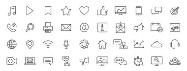 40 Sosyal Medya web simgesinden oluşan bir set. İletişim, dijital, sosyal ağlar, teknoloji, web sitesi. Vektör illüstrasyonu.