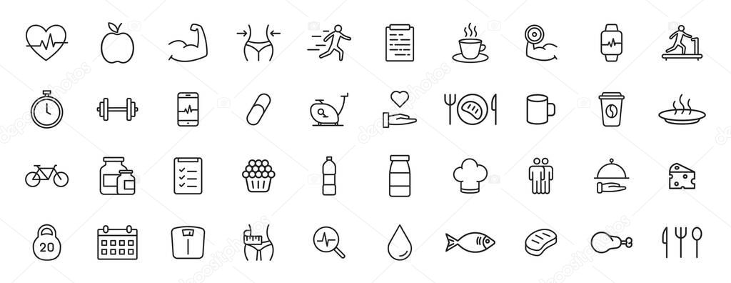 Set of 40 Sport and Fitness, healthy food web icons in line style. Soccer, nutrition, workout, teamwork. Vector illustration.