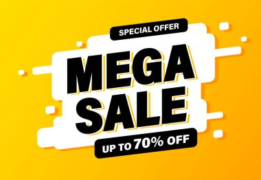 Mega Satış bayrağı, özel teklif ve satış. Alışveriş yap ya da sadece bu hafta sonu. 50, 60 veya 70 'e kadar indirimli. İndirim, mega satış. Vektör illüstrasyonu.