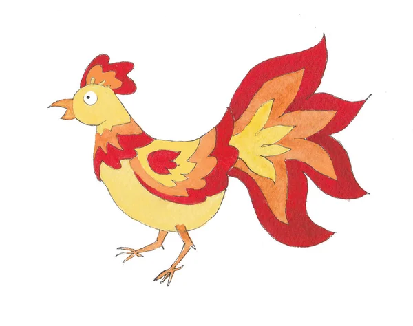Watercolor fiery cock — Stock Photo, Image