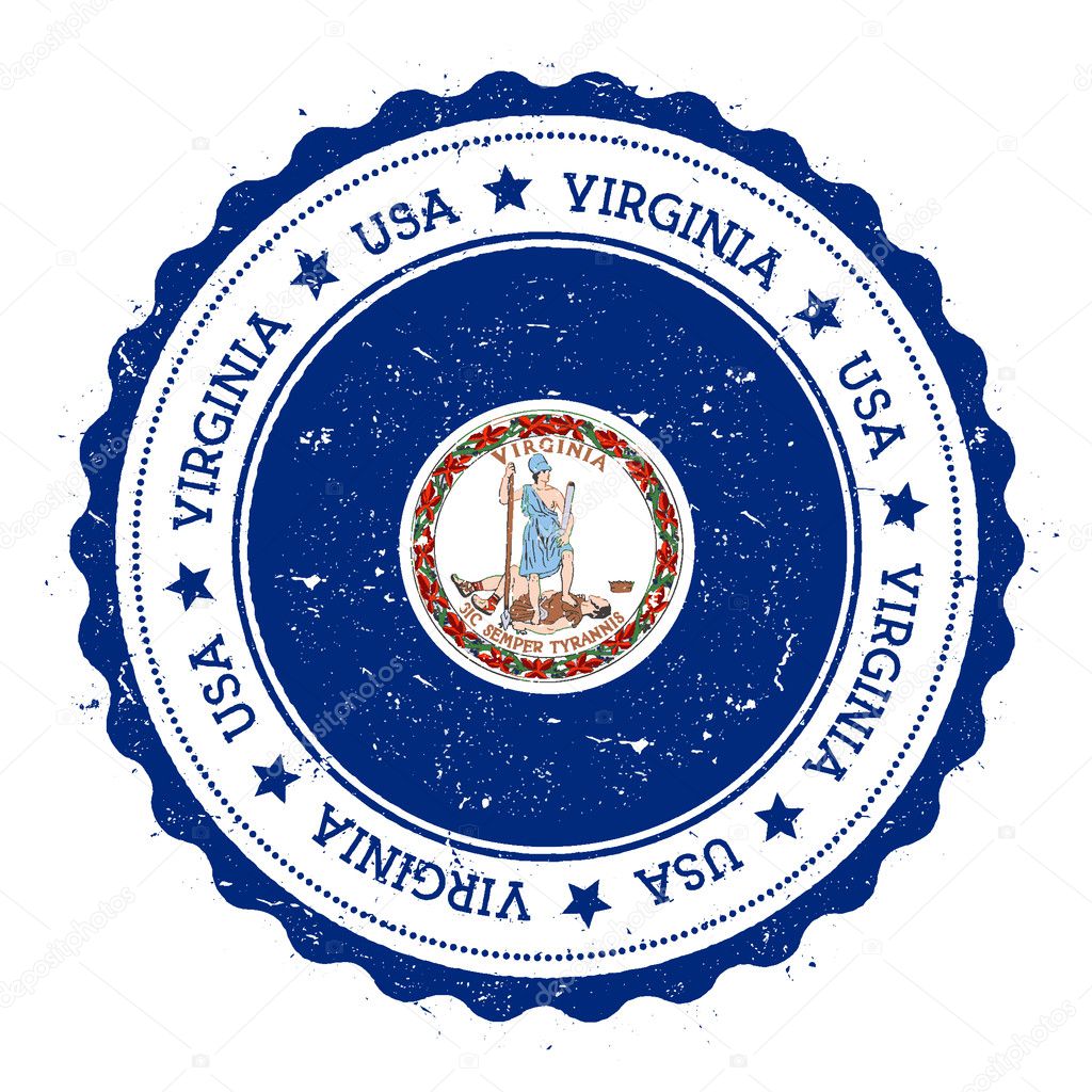 Virginia flag badge. Grunge rubber stamp with Virginia flag. Vintage travel stamp with circular text, stars and USA state flag inside it. Vector illustration.