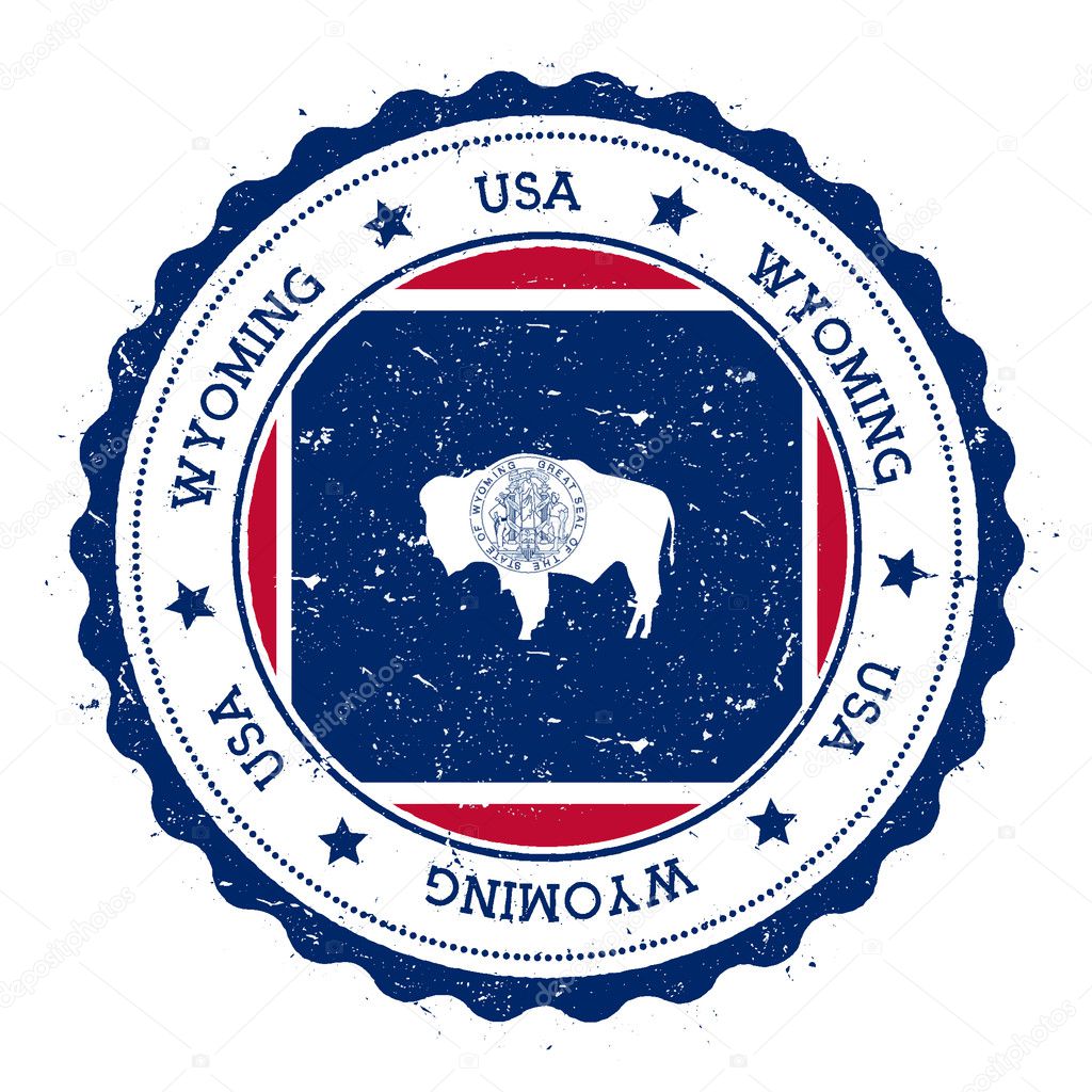 Wyoming flag badge. Grunge rubber stamp with Wyoming flag. Vintage travel stamp with circular text, stars and USA state flag inside it. Vector illustration.