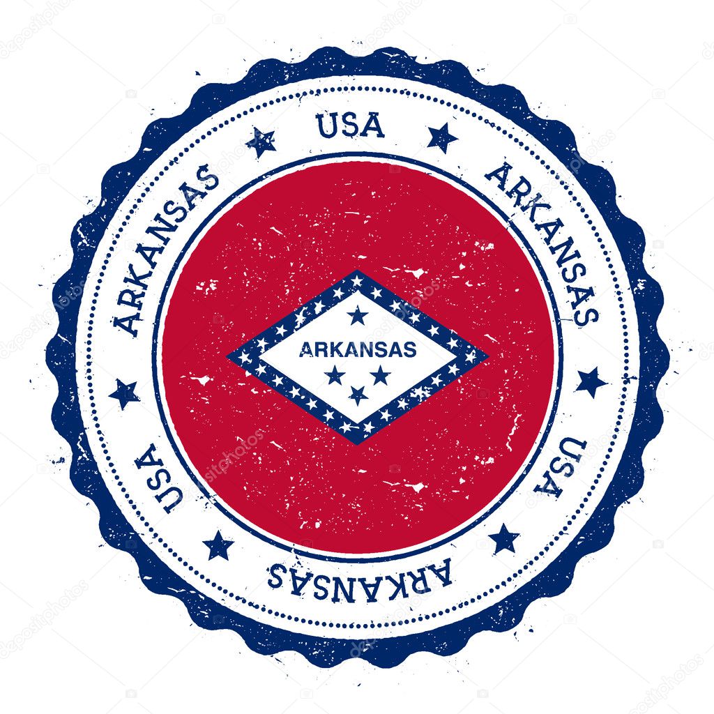 Arkansas flag badge. Grunge rubber stamp with Arkansas flag. Vintage travel stamp with circular text, stars and USA state flag inside it. Vector illustration.
