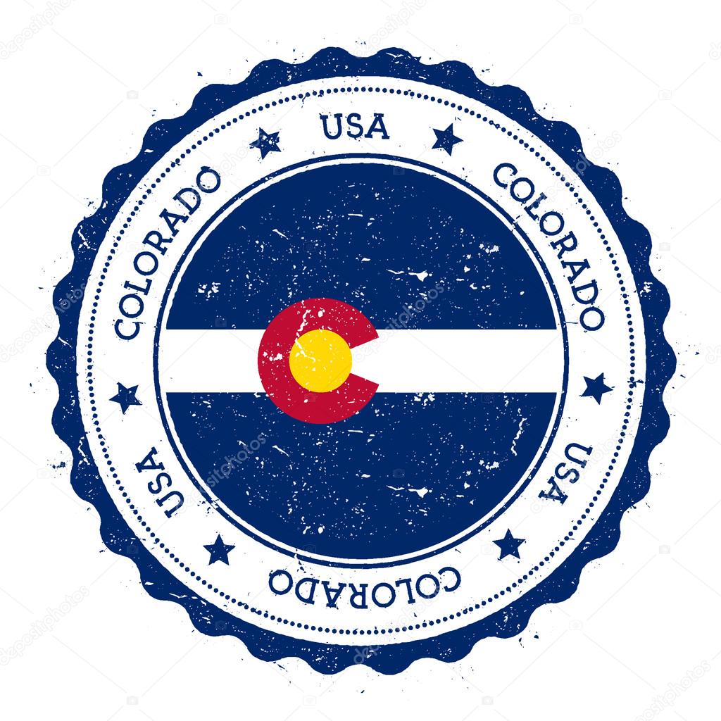 Colorado flag badge. Grunge rubber stamp with Colorado flag. Vintage travel stamp with circular text, stars and USA state flag inside it. Vector illustration.