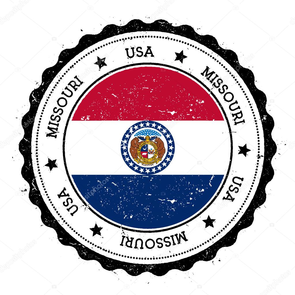 Missouri flag badge. Grunge rubber stamp with Missouri flag. Vintage travel stamp with circular text, stars and USA state flag inside it. Vector illustration.