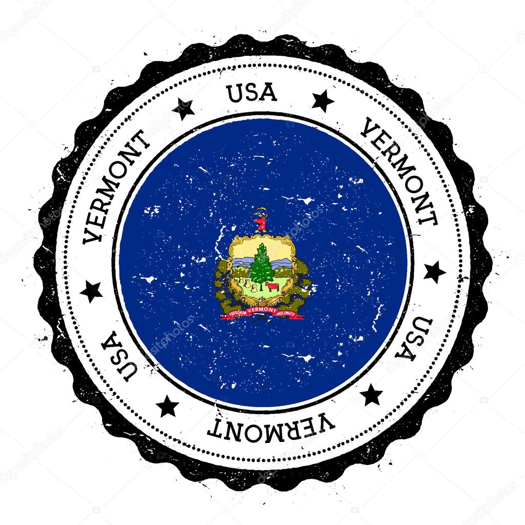 Vermont flag badge. Grunge rubber stamp with Vermont flag. Vintage travel stamp with circular text, stars and USA state flag inside it. Vector illustration.