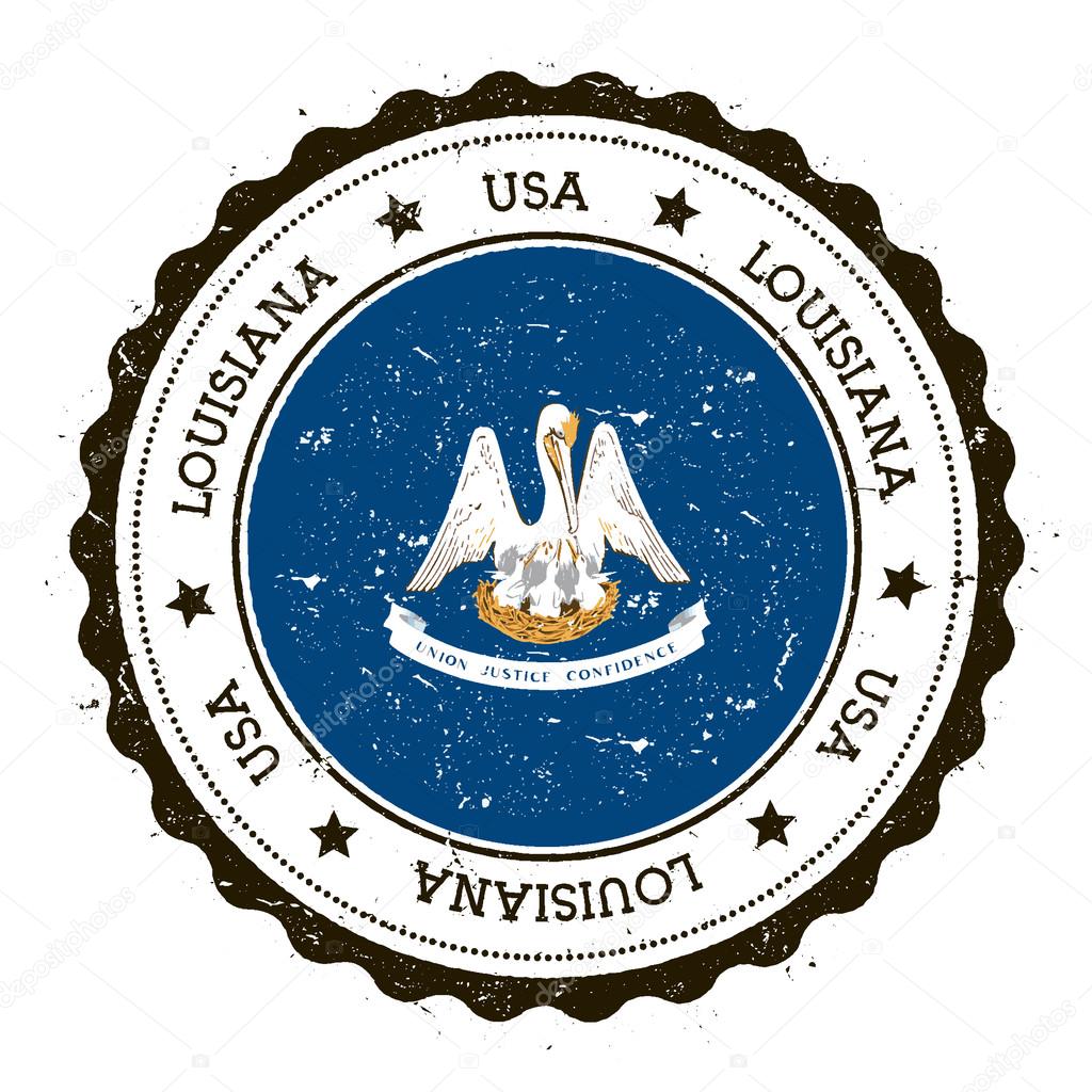 Louisiana flag badge. Grunge rubber stamp with Louisiana flag. Vintage travel stamp with circular text, stars and USA state flag inside it. Vector illustration.