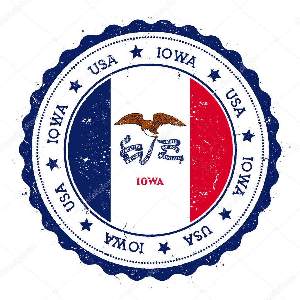 Iowa flag badge. Grunge rubber stamp with Iowa flag. Vintage travel stamp with circular text, stars and USA state flag inside it. Vector illustration.