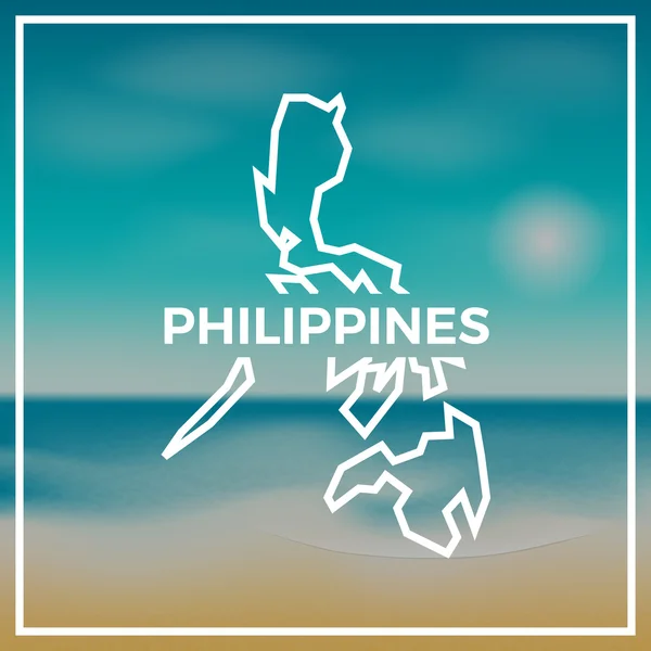 Filipinas mapa contorno áspero contra el telón de fondo de la playa y el mar tropical con sol brillante . — Vector de stock