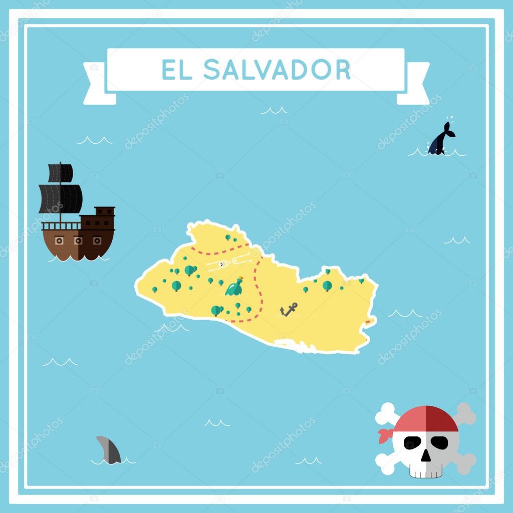 Flat treasure map of El Salvador.