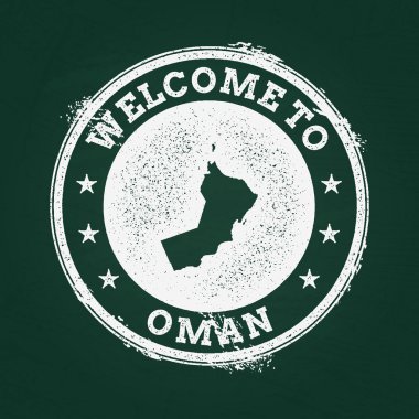 Beyaz tebeşir doku retro damga ile Umman Sultanlığı harita üzerinde yeşil bir yazı tahtası.