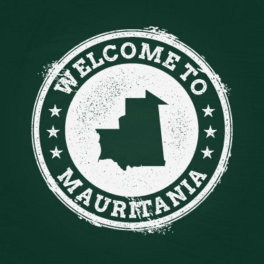 Beyaz tebeşir doku retro damga ile Moritanya İslam Cumhuriyeti harita üzerinde yeşil bir yazı tahtası.