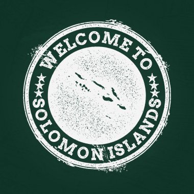 Beyaz tebeşir doku retro damga Solomon Adaları harita üzerinde yeşil bir tahta ile.