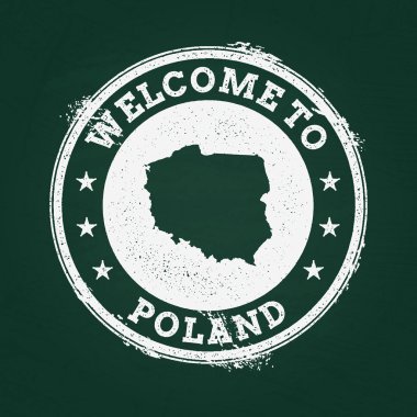 Beyaz tebeşir doku retro damga ile Polonya Cumhuriyeti harita üzerinde yeşil bir yazı tahtası.