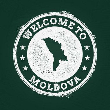 Beyaz tebeşir doku retro damga ile Moldova Cumhuriyeti harita üzerinde yeşil bir yazı tahtası.