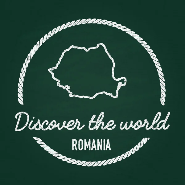 Insignia hipster de textura de tiza blanca con mapa de Rumania en una pizarra verde . — Vector de stock