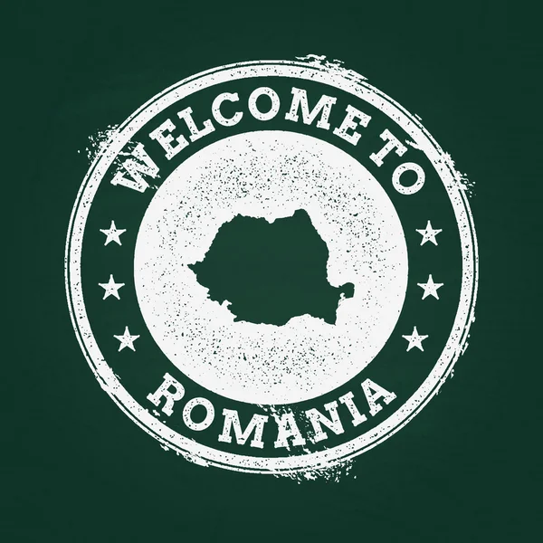 Timbro retrò texture gesso bianco con mappa Romania su una lavagna verde . — Vettoriale Stock