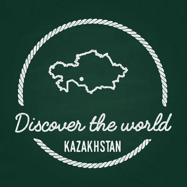 Insignia hipster de textura de tiza blanca con mapa de la República de Kazajstán en una pizarra verde . — Vector de stock