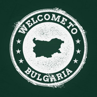 Beyaz tebeşir doku retro damga ile Bulgaristan Cumhuriyeti harita üzerinde yeşil bir yazı tahtası.