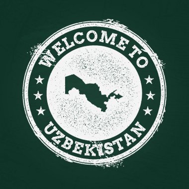 Beyaz tebeşir doku retro damga ile Özbekistan Cumhuriyeti harita üzerinde yeşil bir yazı tahtası.