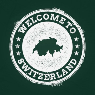 Beyaz tebeşir doku retro damga ile İsviçre Konfederasyonu harita üzerinde yeşil bir yazı tahtası.
