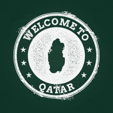 Beyaz tebeşir doku retro damga ile Katar Devleti harita üzerinde yeşil bir yazı tahtası.