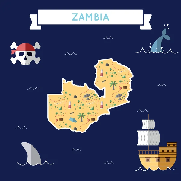잠비아의 플랫 보물 지도. — 스톡 벡터