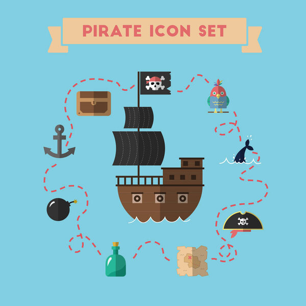 Flat treasure island icons collection vector illustration.