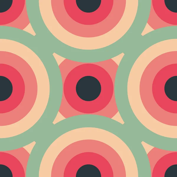 Círculos sem costura padrão abstrato fundo com círculos concêntricos de cores rosa, vermelho, verde e preto . — Vetor de Stock
